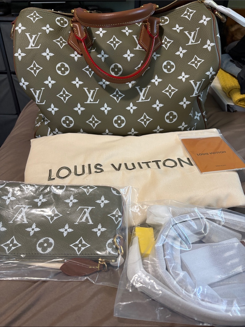 Olive Green Monogram Tote with White Motif and Red-Trim Handles